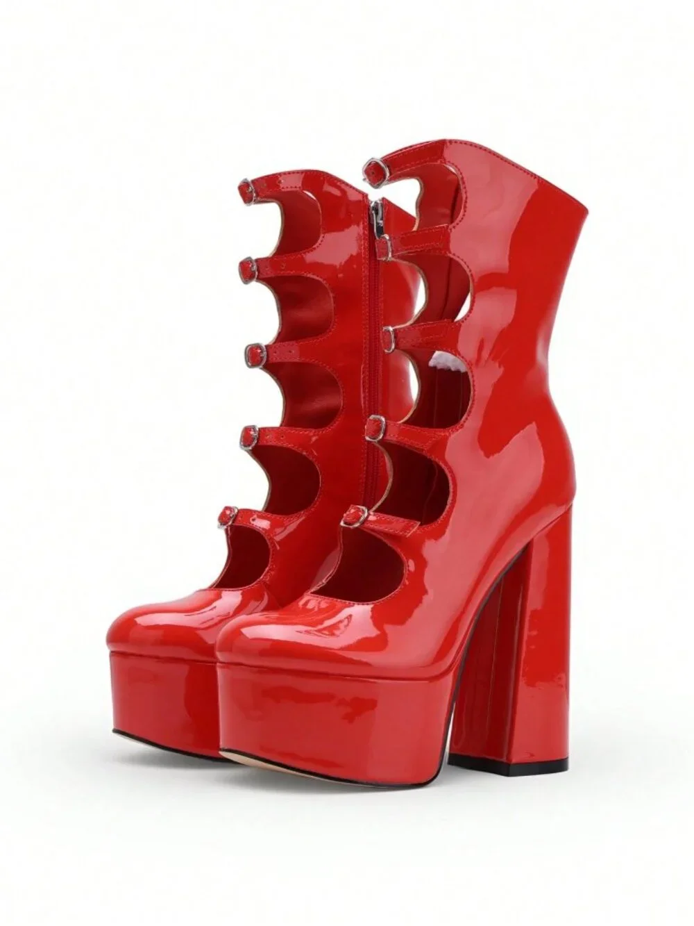 Red Women's Round Toe Cut-Out Platform Chunky Heel Buckle Straps Ankle Boots